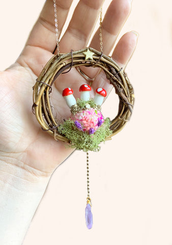 Cottagecore Whimsical Mushroom Crystal Hanging Mini Wreathe Decor