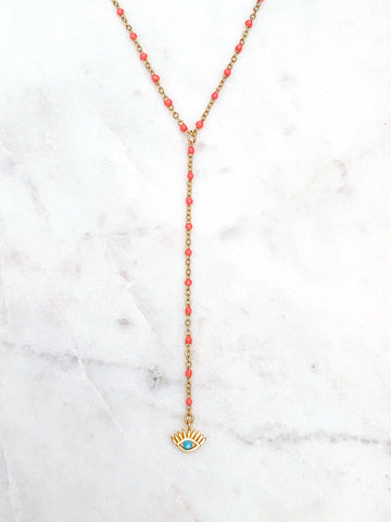 Quaintrelle Coral Evil Eye Drop Charm Necklace