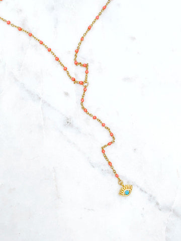 Quaintrelle Coral Evil Eye Drop Charm Necklace