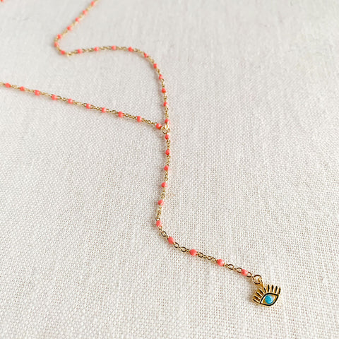 Quaintrelle Coral Evil Eye Drop Charm Necklace