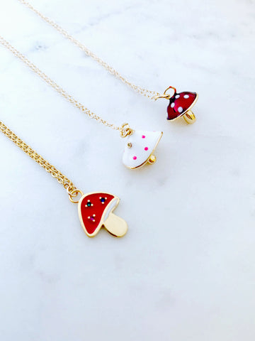 Pink Polka Dot Magic Mushroom 14k Gold Filled Charm Necklace